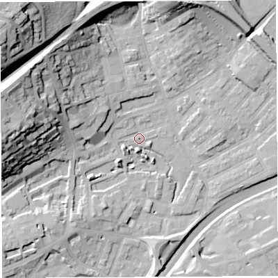 Shaded relief map of the ground around BS29RA, computed from Environment Agency LiDAR. The ground here sits at about 11 m above sea level and falls 46 m across the surrounding 800 m. Surface water reaching this point runs off ground lying to the west-north-west, 34.6 m higher.