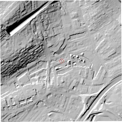 Shaded relief map of the ground around BS29RE, computed from Environment Agency LiDAR. The ground here sits at about 10 m above sea level and falls 52 m across the surrounding 800 m. Surface water reaching this point runs off ground lying to the west-north-west, 46.3 m higher.