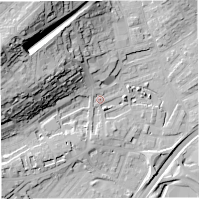 Shaded relief map of the ground around BS29RF, computed from Environment Agency LiDAR. The ground here sits at about 12 m above sea level and falls 53 m across the surrounding 800 m. Surface water reaching this point runs off ground lying to the west-north-west, 51.9 m higher.