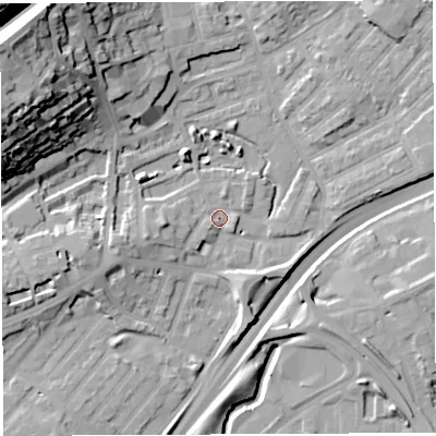 Shaded relief map of the ground around BS29RG, computed from Environment Agency LiDAR. The ground here sits at about 10 m above sea level and falls 41 m across the surrounding 800 m. Surface water reaching this point runs off ground lying to the west-south-west, 5.5 m higher.