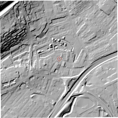 Shaded relief map of the ground around BS29RH, computed from Environment Agency LiDAR. The ground here sits at about 10 m above sea level and falls 44 m across the surrounding 800 m. Surface water reaching this point runs off ground lying to the west-south-west, 5.5 m higher.