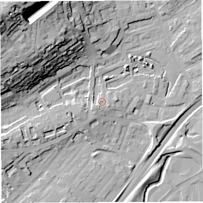 Shaded relief map of the ground around BS29RJ, computed from Environment Agency LiDAR. The ground here sits at about 14 m above sea level and falls 53 m across the surrounding 800 m. Surface water reaching this point runs off ground lying to the south-west, 4.5 m higher.