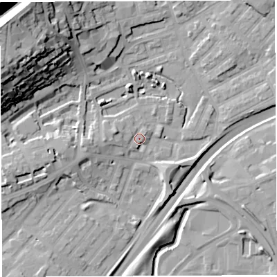 Shaded relief map of the ground around BS29RN, computed from Environment Agency LiDAR. The ground here sits at about 12 m above sea level and falls 44 m across the surrounding 800 m. Surface water reaching this point runs off ground lying to the west, 1.3 m higher.