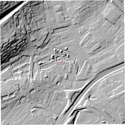 Shaded relief map of the ground around BS29RQ, computed from Environment Agency LiDAR. The ground here sits at about 10 m above sea level and falls 47 m across the surrounding 800 m. Surface water reaching this point runs off ground lying to the west-north-west, 32.6 m higher.