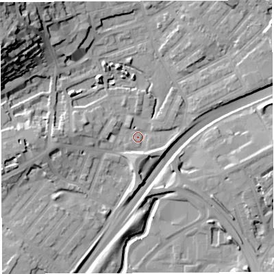 Shaded relief map of the ground around BS29RR, computed from Environment Agency LiDAR. The ground here sits at about 10 m above sea level and falls 33 m across the surrounding 800 m. Surface water reaching this point runs off ground lying to the north-west, 31.6 m higher.
