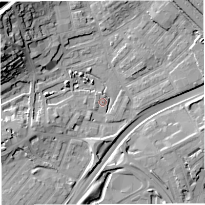 Shaded relief map of the ground around BS29RS, computed from Environment Agency LiDAR. The ground here sits at about 11 m above sea level and falls 34 m across the surrounding 800 m. Surface water reaching this point runs off ground lying to the north-west, 1.5 m higher.