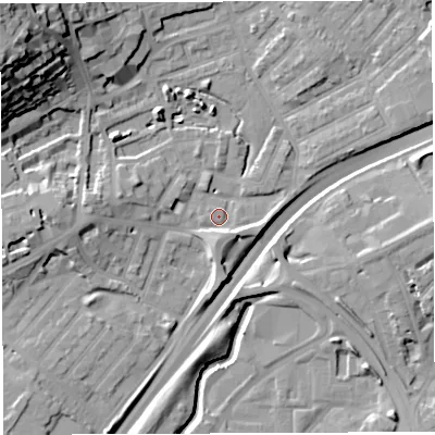 Shaded relief map of the ground around BS29RT, computed from Environment Agency LiDAR. The ground here sits at about 10 m above sea level and falls 32 m across the surrounding 800 m. Surface water reaching this point runs off ground lying to the east-south-east, 5.2 m higher.