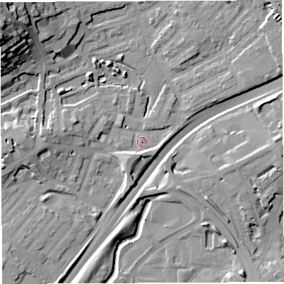 Shaded relief map of the ground around BS29RU, computed from Environment Agency LiDAR. The ground here sits at about 11 m above sea level and falls 29 m across the surrounding 800 m. Surface water reaching this point runs off ground lying to the south-east, 5.1 m higher.