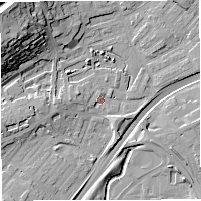 Shaded relief map of the ground around BS29RW, computed from Environment Agency LiDAR. The ground here sits at about 11 m above sea level and falls 36 m across the surrounding 800 m. Surface water reaching this point runs off ground lying to the north-west, 34.5 m higher.
