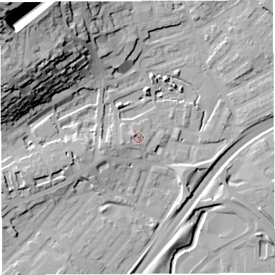 Shaded relief map of the ground around BS29RX, computed from Environment Agency LiDAR. The ground here sits at about 13 m above sea level and falls 50 m across the surrounding 800 m. Surface water reaching this point runs off ground lying to the west-south-west, 3.3 m higher.
