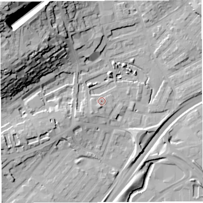 Shaded relief map of the ground around BS29RY, computed from Environment Agency LiDAR. The ground here sits at about 13 m above sea level and falls 51 m across the surrounding 800 m. Surface water reaching this point runs off ground lying to the south-west, 3.3 m higher.