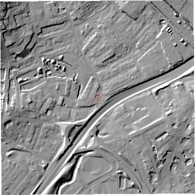 Shaded relief map of the ground around BS29TA, computed from Environment Agency LiDAR. The ground here sits at about 10 m above sea level and falls 20 m across the surrounding 800 m. Surface water reaching this point runs off ground lying to the east-north-east, 3.4 m higher.
