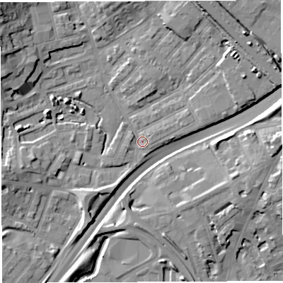 Shaded relief map of the ground around BS29TB, computed from Environment Agency LiDAR. The ground here sits at about 11 m above sea level and falls 17 m across the surrounding 800 m. Surface water reaching this point runs off ground lying to the east-north-east, 3.6 m higher.