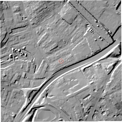 Shaded relief map of the ground around BS29TJ, computed from Environment Agency LiDAR. The ground here sits at about 12 m above sea level and falls 16 m across the surrounding 800 m. Surface water reaching this point runs off ground lying to the east-north-east, 2.3 m higher.