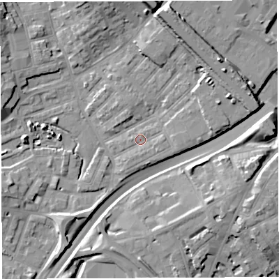 Shaded relief map of the ground around BS29TL, computed from Environment Agency LiDAR. The ground here sits at about 12 m above sea level and falls 17 m across the surrounding 800 m. Surface water reaching this point runs off ground lying to the east, 2.3 m higher.