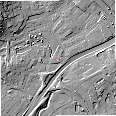 Shaded relief map of the ground around BS29TN, computed from Environment Agency LiDAR. The ground here sits at about 11 m above sea level and falls 25 m across the surrounding 800 m. Surface water reaching this point runs off ground lying to the north-north-east, 0.6 m higher.