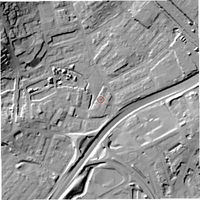 Shaded relief map of the ground around BS29TW, computed from Environment Agency LiDAR. The ground here sits at about 11 m above sea level and falls 26 m across the surrounding 800 m. Surface water reaching this point runs off ground lying to the north-west, 21.3 m higher.