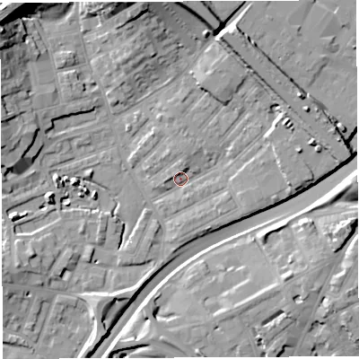 Shaded relief map of the ground around BS29TY, computed from Environment Agency LiDAR. The ground here sits at about 11 m above sea level and falls 23 m across the surrounding 800 m. Surface water reaching this point runs off ground lying to the north-east, 11.9 m higher.