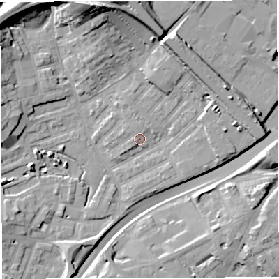 Shaded relief map of the ground around BS29TZ, computed from Environment Agency LiDAR. The ground here sits at about 12 m above sea level and falls 26 m across the surrounding 800 m. Surface water reaching this point runs off ground lying to the west-south-west, 1.9 m higher.
