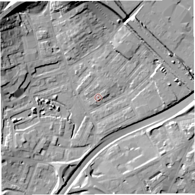 Shaded relief map of the ground around BS29UA, computed from Environment Agency LiDAR. The ground here sits at about 12 m above sea level and falls 23 m across the surrounding 800 m. Surface water reaching this point runs off ground lying to the north-east, 2.3 m higher.