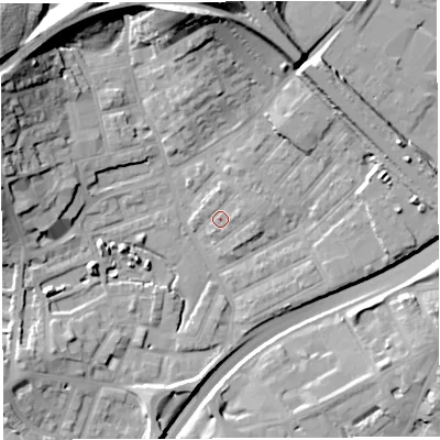 Shaded relief map of the ground around BS29UD, computed from Environment Agency LiDAR. The ground here sits at about 12 m above sea level and falls 27 m across the surrounding 800 m. Surface water reaching this point runs off ground lying to the east-north-east, 2.1 m higher.