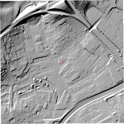 Shaded relief map of the ground around BS29UE, computed from Environment Agency LiDAR. The ground here sits at about 11 m above sea level and falls 35 m across the surrounding 800 m. Surface water reaching this point runs off ground lying to the north, 35.3 m higher.