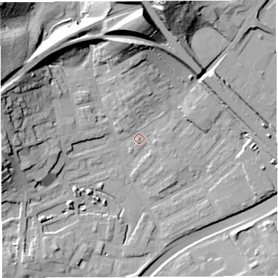 Shaded relief map of the ground around BS29UF, computed from Environment Agency LiDAR. The ground here sits at about 11 m above sea level and falls 37 m across the surrounding 800 m. Surface water reaching this point runs off ground lying to the north, 34.0 m higher.