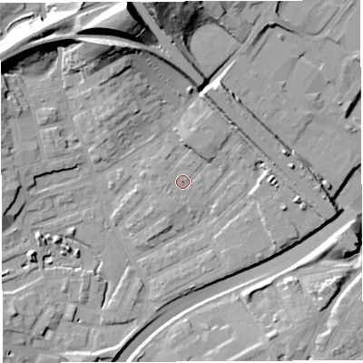 Shaded relief map of the ground around BS29UN, computed from Environment Agency LiDAR. The ground here sits at about 13 m above sea level and falls 35 m across the surrounding 800 m. Surface water reaching this point runs off ground lying to the north-north-east, 3.9 m higher.