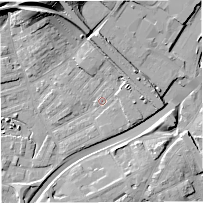 Shaded relief map of the ground around BS29UQ, computed from Environment Agency LiDAR. The ground here sits at about 13 m above sea level and falls 33 m across the surrounding 800 m. Surface water reaching this point runs off ground lying to the north-east, 1.9 m higher.