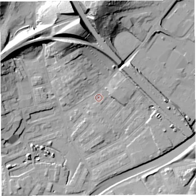 Shaded relief map of the ground around BS29US, computed from Environment Agency LiDAR. The ground here sits at about 12 m above sea level and falls 38 m across the surrounding 800 m. Surface water reaching this point runs off ground lying to the north, 33.9 m higher.