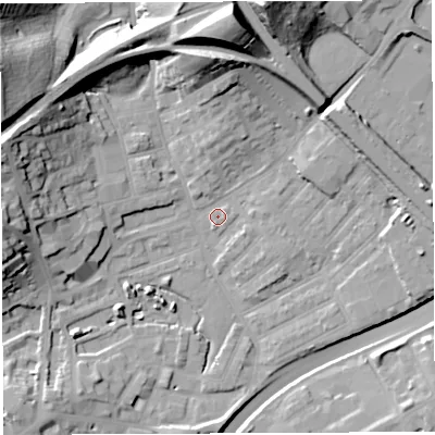 Shaded relief map of the ground around BS29UT, computed from Environment Agency LiDAR. The ground here sits at about 11 m above sea level and falls 35 m across the surrounding 800 m. Surface water reaching this point runs off ground lying to the north, 35.3 m higher.