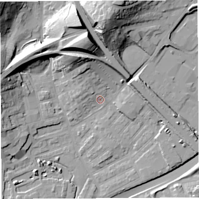 Shaded relief map of the ground around BS29XE, computed from Environment Agency LiDAR. The ground here sits at about 13 m above sea level and falls 38 m across the surrounding 800 m. Surface water reaching this point runs off ground lying to the north-north-west, 3.3 m higher.