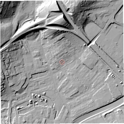 Shaded relief map of the ground around BS29XF, computed from Environment Agency LiDAR. The ground here sits at about 12 m above sea level and falls 39 m across the surrounding 800 m. Surface water reaching this point runs off ground lying to the north-north-east, 4.2 m higher.