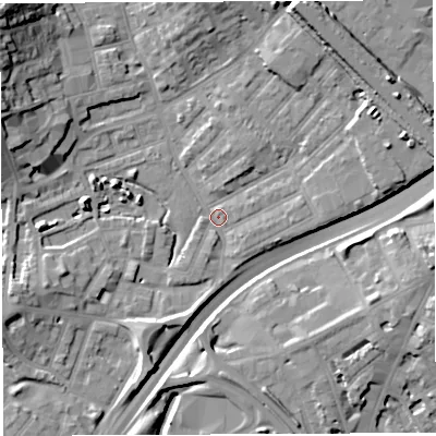 Shaded relief map of the ground around BS29XH, computed from Environment Agency LiDAR. The ground here sits at about 11 m above sea level and falls 23 m across the surrounding 800 m. Surface water reaching this point runs off ground lying to the west-north-west, 17.7 m higher.