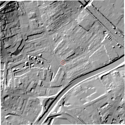 Shaded relief map of the ground around BS29XJ, computed from Environment Agency LiDAR. The ground here sits at about 10 m above sea level and falls 27 m across the surrounding 800 m. Surface water reaching this point runs off ground lying to the west-north-west, 18.8 m higher.