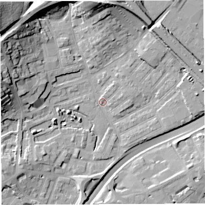 Shaded relief map of the ground around BS29XL, computed from Environment Agency LiDAR. The ground here sits at about 11 m above sea level and falls 33 m across the surrounding 800 m. Surface water reaching this point runs off ground lying to the north-west, 30.9 m higher.