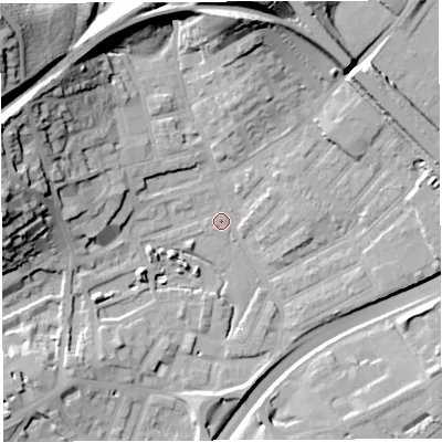 Shaded relief map of the ground around BS29XN, computed from Environment Agency LiDAR. The ground here sits at about 10 m above sea level and falls 40 m across the surrounding 800 m. Surface water reaching this point runs off ground lying to the west-north-west, 29.8 m higher.