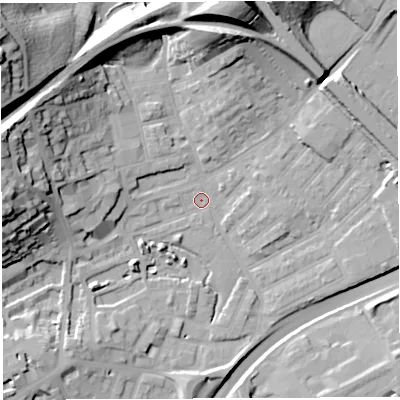 Shaded relief map of the ground around BS29XP, computed from Environment Agency LiDAR. The ground here sits at about 10 m above sea level and falls 43 m across the surrounding 800 m. Surface water reaching this point runs off ground lying to the west-north-west, 30.4 m higher.
