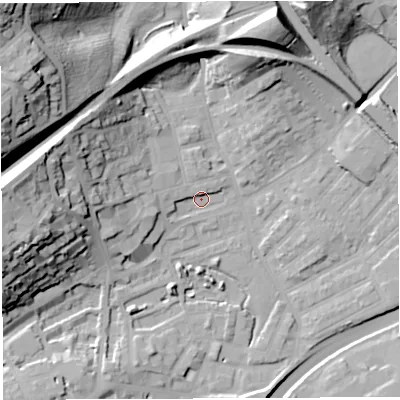 Shaded relief map of the ground around BS29XT, computed from Environment Agency LiDAR. The ground here sits at about 11 m above sea level and falls 52 m across the surrounding 800 m. Surface water reaching this point runs off ground lying to the west, 4.4 m higher.