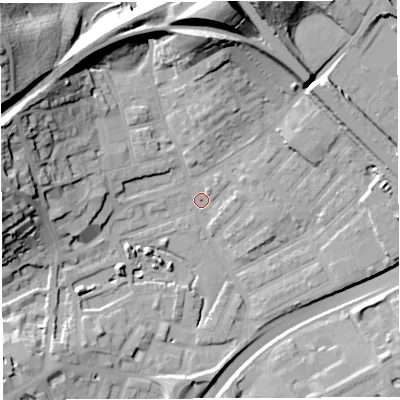 Shaded relief map of the ground around BS29XW, computed from Environment Agency LiDAR. The ground here sits at about 10 m above sea level and falls 37 m across the surrounding 800 m. Surface water reaching this point runs off ground lying to the north-west, 35.0 m higher.