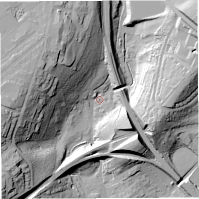 Shaded relief map of the ground around BS29XY, computed from Environment Agency LiDAR. The ground here sits at about 17 m above sea level and falls 53 m across the surrounding 800 m. Surface water reaching this point runs off ground lying to the west-south-west, 48.9 m higher.