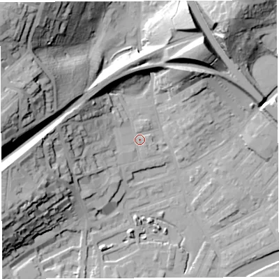 Shaded relief map of the ground around BS29XZ, computed from Environment Agency LiDAR. The ground here sits at about 13 m above sea level and falls 57 m across the surrounding 800 m. Surface water reaching this point runs off ground lying to the west, 16.1 m higher.