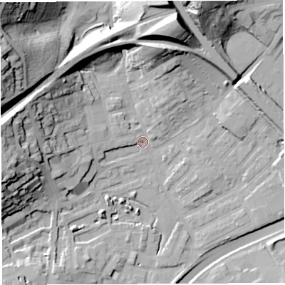 Shaded relief map of the ground around BS29YD, computed from Environment Agency LiDAR. The ground here sits at about 11 m above sea level and falls 47 m across the surrounding 800 m. Surface water reaching this point runs off ground lying to the west-north-west, 41.6 m higher.