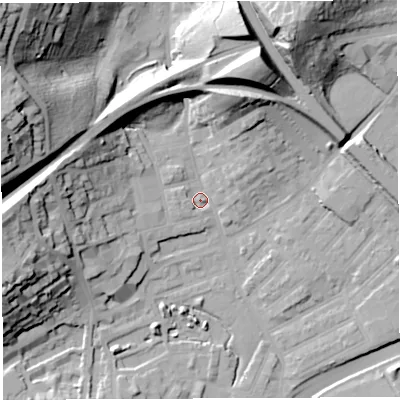Shaded relief map of the ground around BS29YF, computed from Environment Agency LiDAR. The ground here sits at about 11 m above sea level and falls 54 m across the surrounding 800 m. Surface water reaching this point runs off ground lying to the west-north-west, 42.4 m higher.