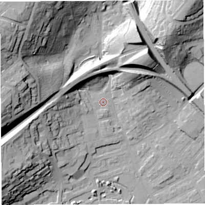 Shaded relief map of the ground around BS29YH, computed from Environment Agency LiDAR. The ground here sits at about 12 m above sea level and falls 57 m across the surrounding 800 m. Surface water reaching this point runs off ground lying to the west, 43.8 m higher.