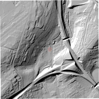 Shaded relief map of the ground around BS29YL, computed from Environment Agency LiDAR. The ground here sits at about 17 m above sea level and falls 54 m across the surrounding 800 m. Surface water reaching this point runs off ground lying to the west, 51.5 m higher.