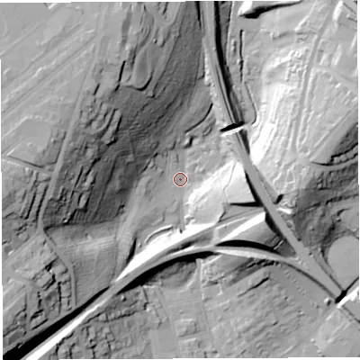 Shaded relief map of the ground around BS29YN, computed from Environment Agency LiDAR. The ground here sits at about 16 m above sea level and falls 55 m across the surrounding 800 m. Surface water reaching this point runs off ground lying to the west, 51.5 m higher.