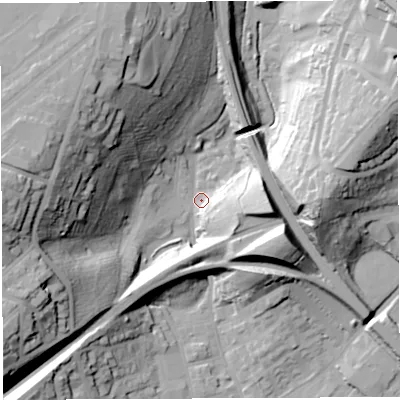 Shaded relief map of the ground around BS29YP, computed from Environment Agency LiDAR. The ground here sits at about 16 m above sea level and falls 54 m across the surrounding 800 m. Surface water reaching this point runs off ground lying to the west, 50.7 m higher.