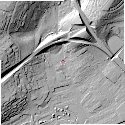 Shaded relief map of the ground around BS29YQ, computed from Environment Agency LiDAR. The ground here sits at about 12 m above sea level and falls 56 m across the surrounding 800 m. Surface water reaching this point runs off ground lying to the west, 42.4 m higher.