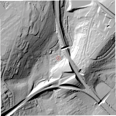 Shaded relief map of the ground around BS29YR, computed from Environment Agency LiDAR. The ground here sits at about 17 m above sea level and falls 52 m across the surrounding 800 m. Surface water reaching this point runs off ground lying to the west-south-west, 38.7 m higher.